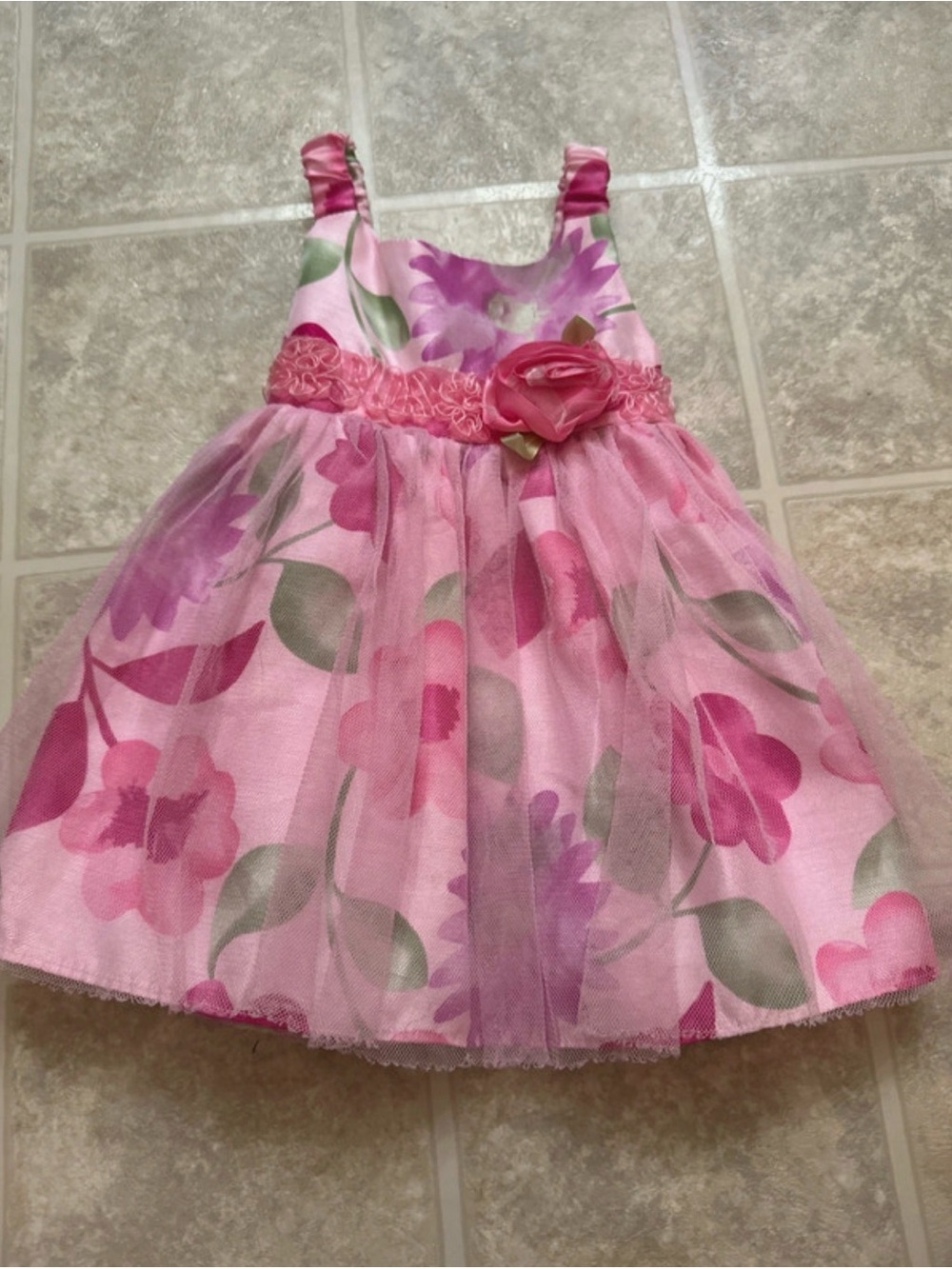 Youngland Pink Floral Tulle Sundress with Rosette Waist